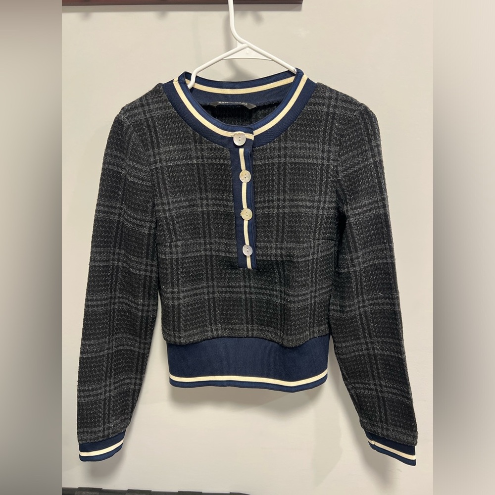 Zara Tweed Plaid Button-Up Sweater
